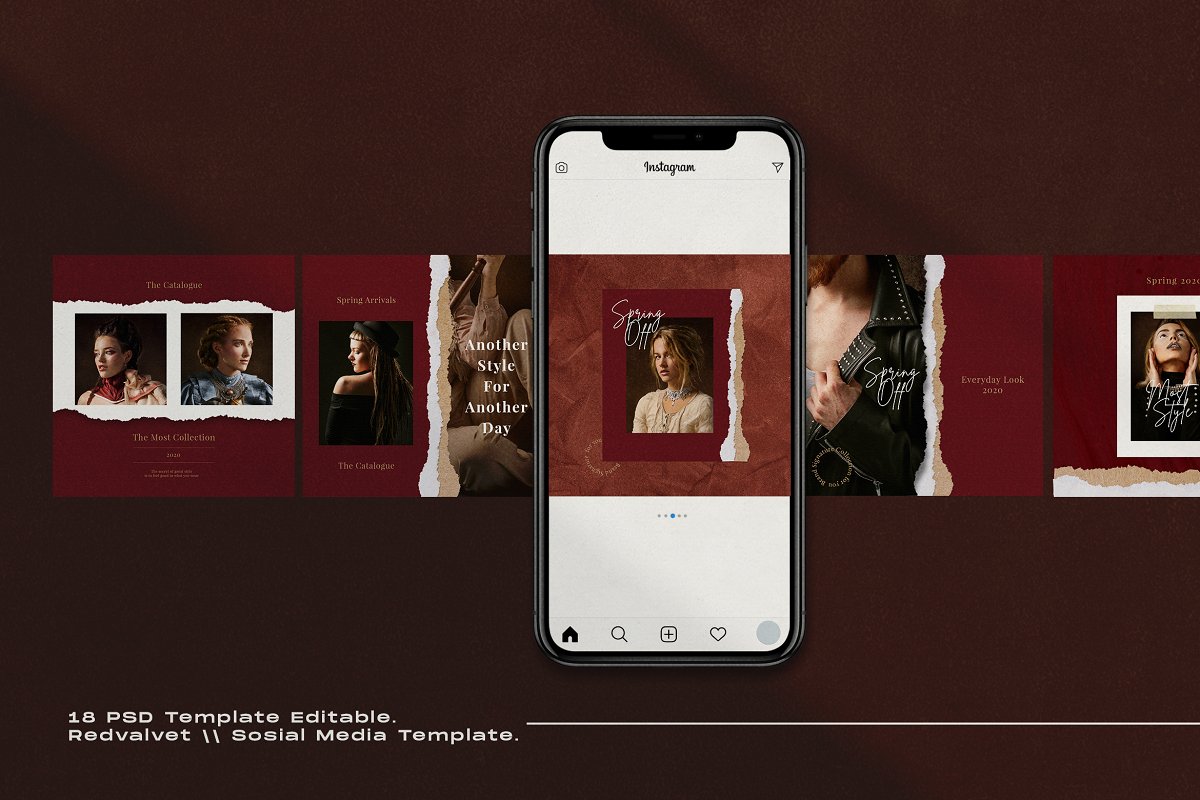 撕纸效果高端服装品牌营销推广社交媒体设计模板素材包 Redvalvet - Instagram Template + SG_img_2