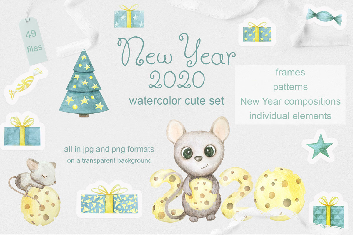 可爱手绘2020新年老鼠水彩插画合集 Mouse New Year 2020 Watercolor Set_img_2