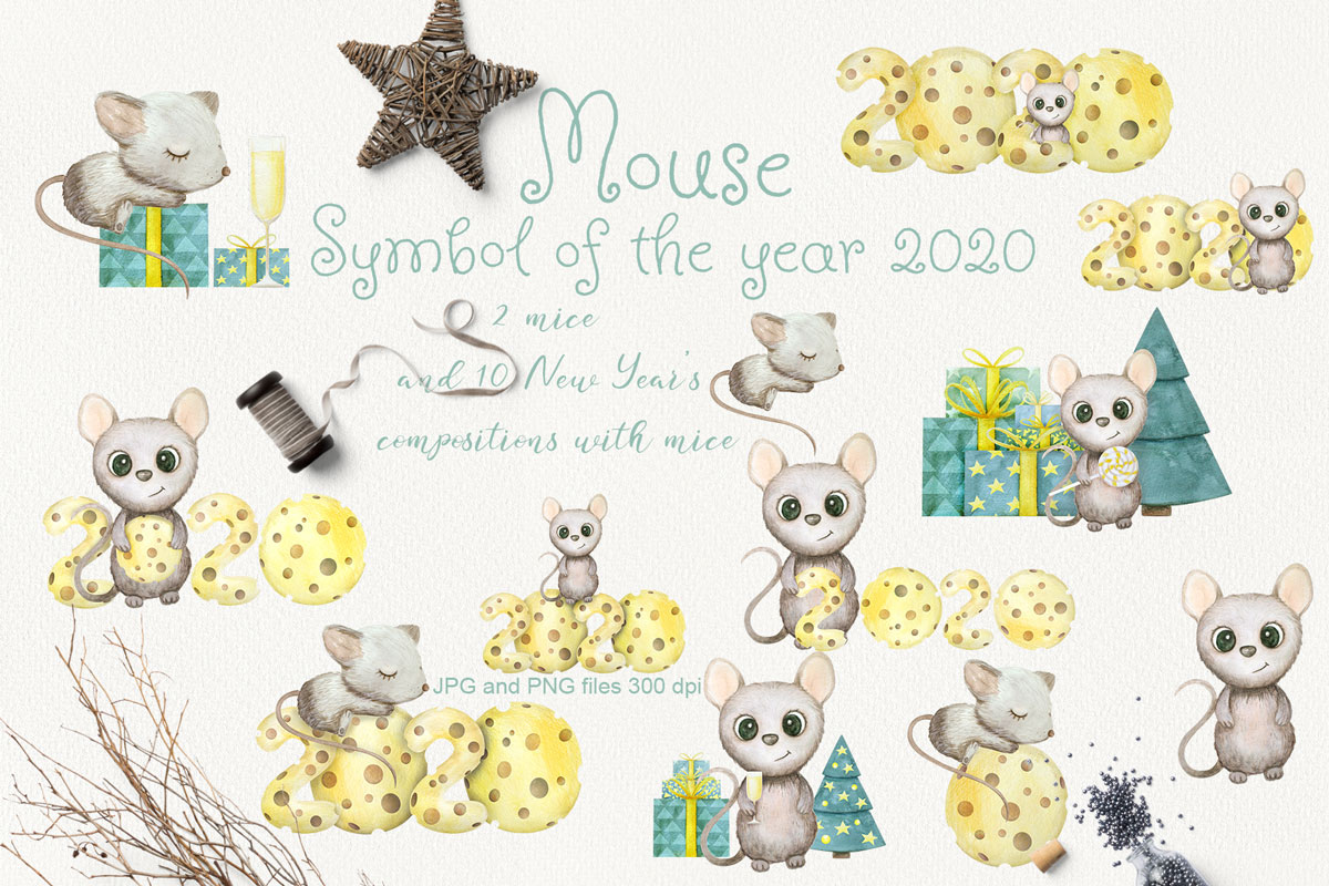 可爱手绘2020新年老鼠水彩插画合集 Mouse New Year 2020 Watercolor Set_img_2