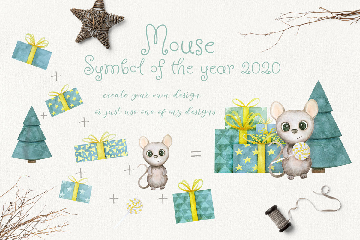 可爱手绘2020新年老鼠水彩插画合集 Mouse New Year 2020 Watercolor Set_img_2