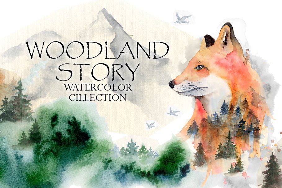 手绘水彩狐狸森林花卉剪贴画设计素材合集 Woodland story Vol.2 Foxes_img_2