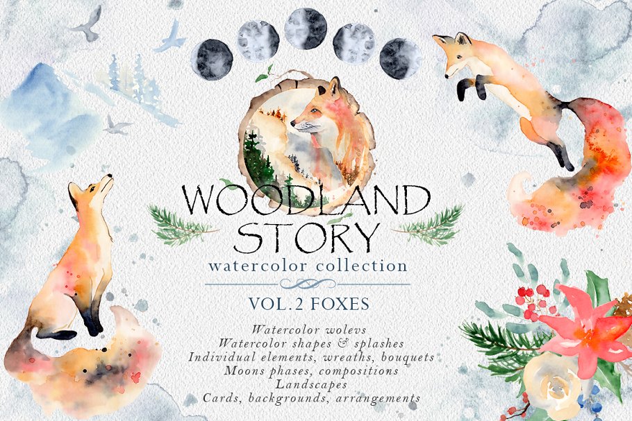 手绘水彩狐狸森林花卉剪贴画设计素材合集 Woodland story Vol.2 Foxes_img_2