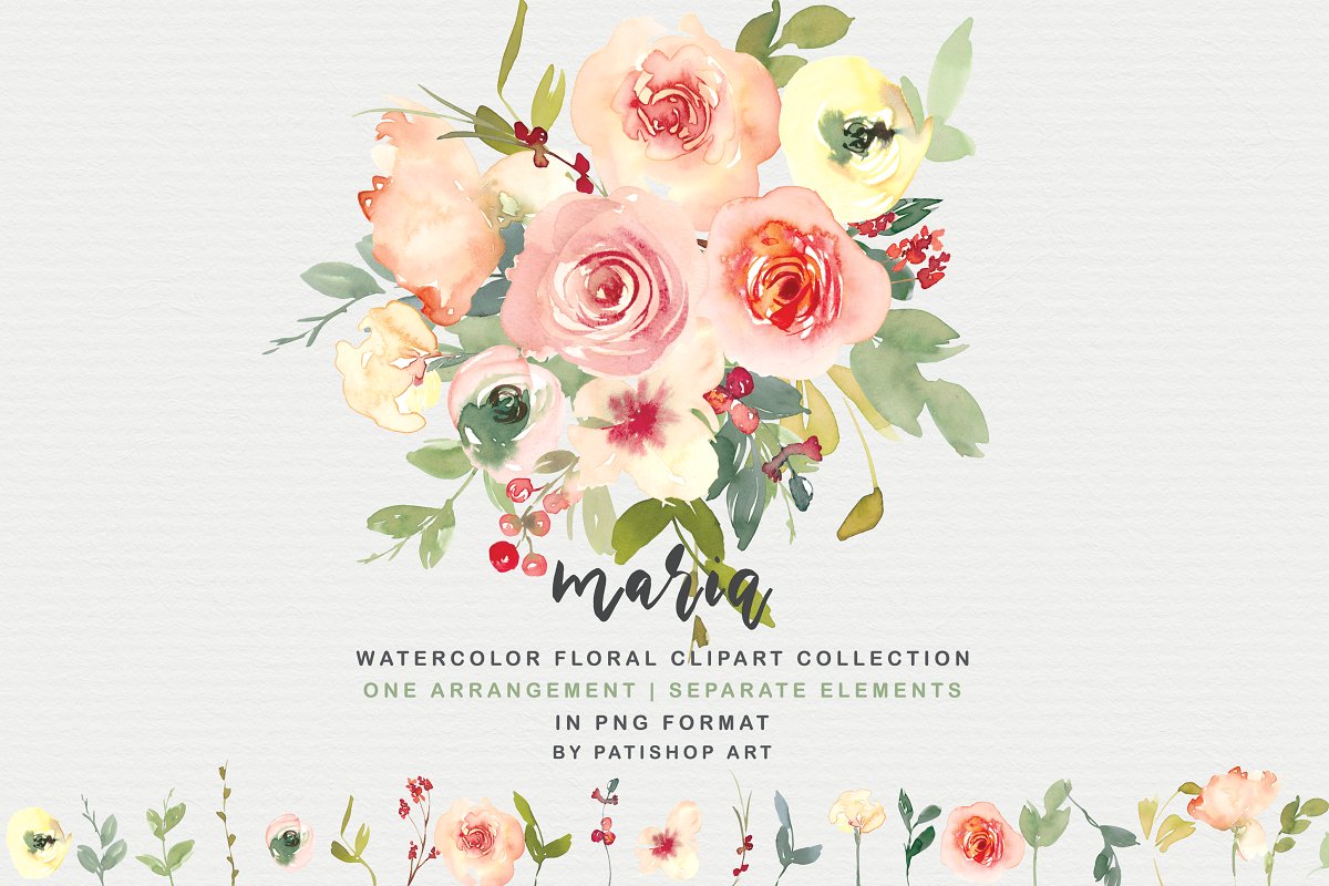 香草色腮红手绘水彩花卉剪贴画套装 Vanilla & Blush Watercolor Florals_img_2