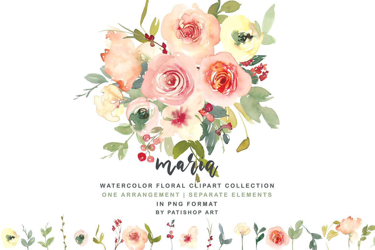 香草色腮红手绘水彩花卉剪贴画套装 Vanilla & Blush Watercolor Florals_img_2