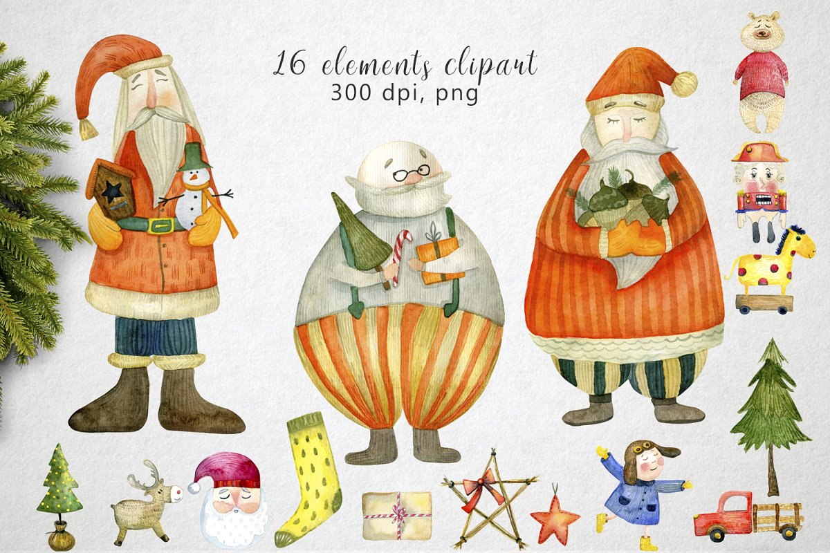 高品质手绘圣诞老人水彩插画素材套件 Watercolor Christmas Toys_img_2