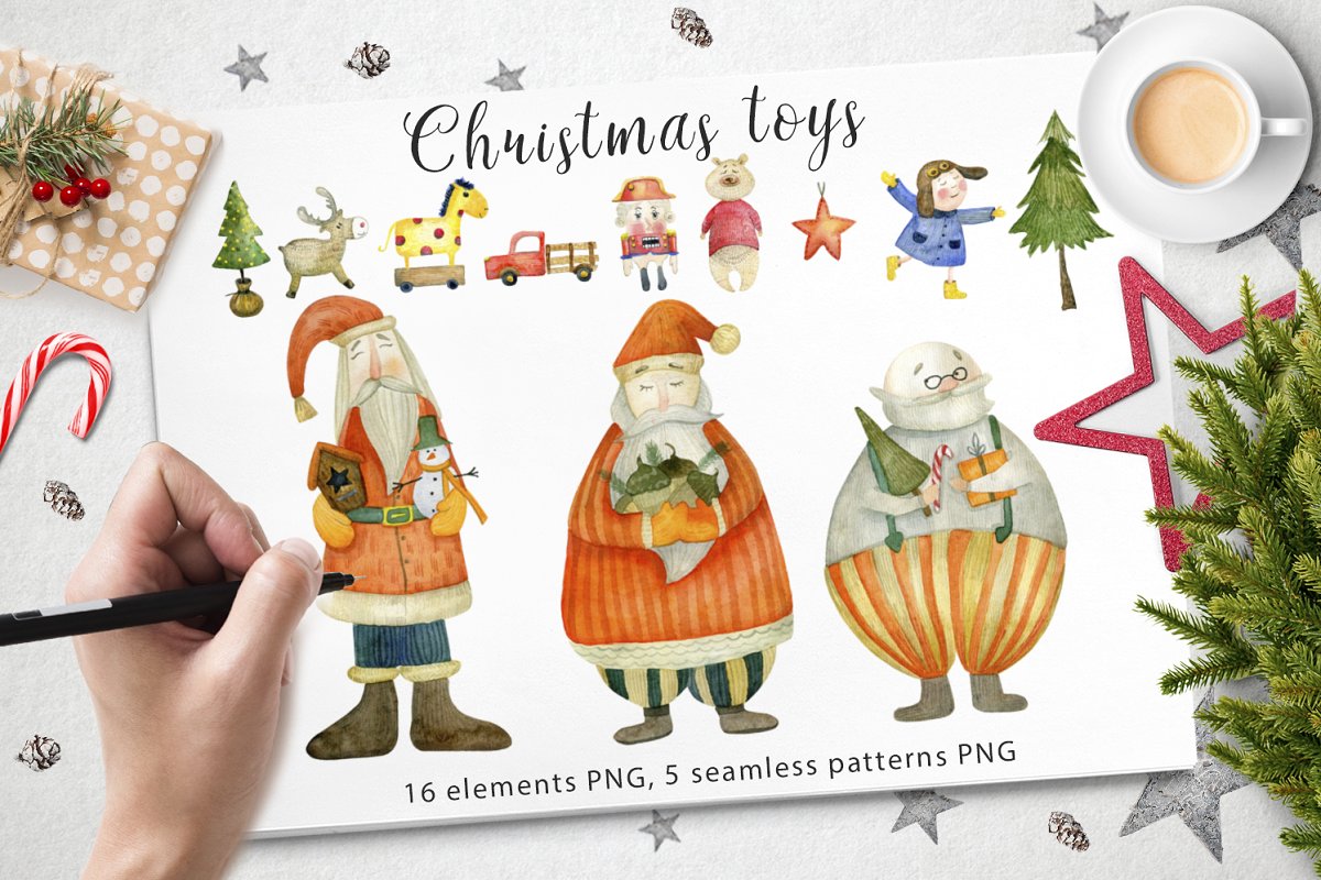 高品质手绘圣诞老人水彩插画素材套件 Watercolor Christmas Toys_img_2