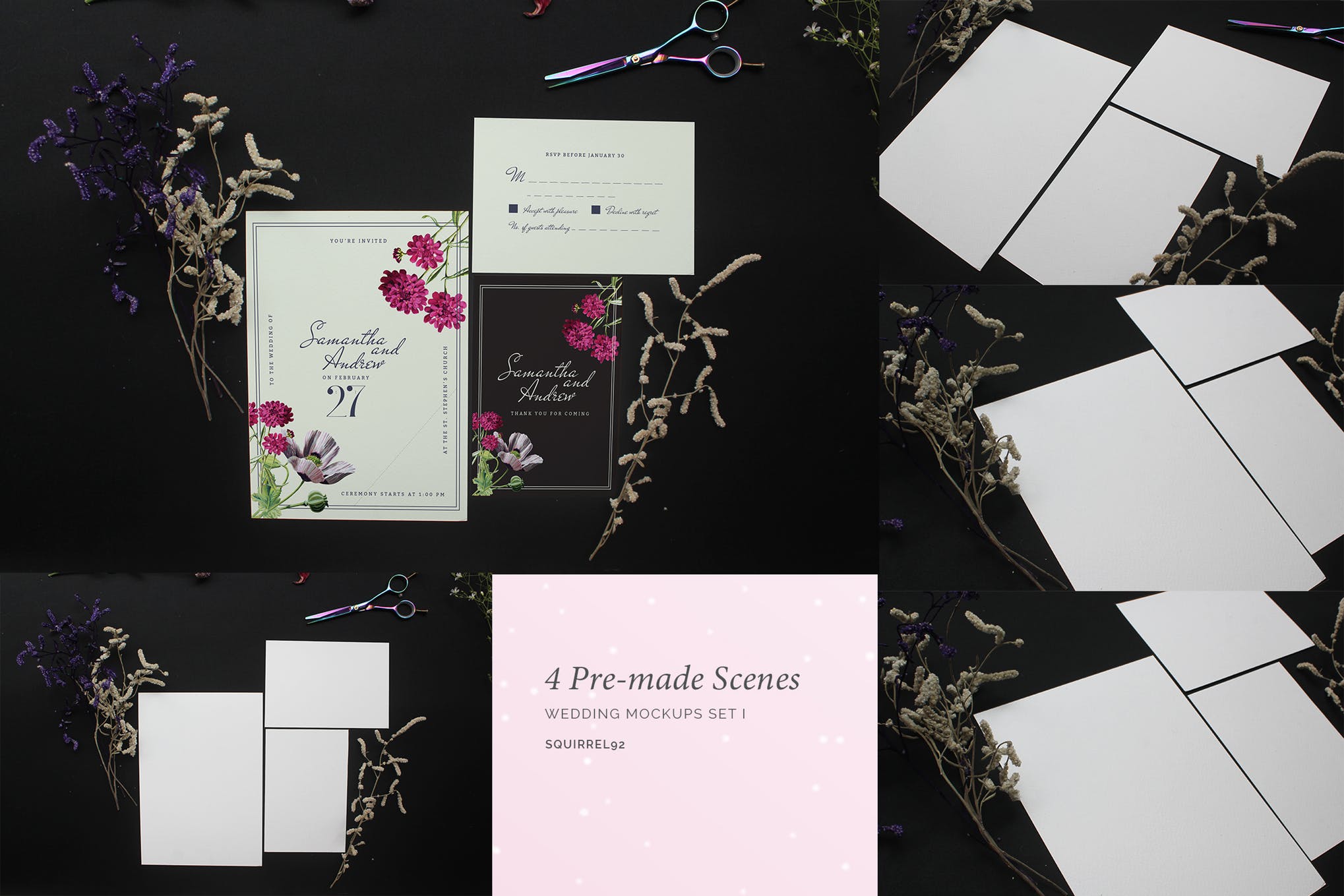 婚礼邀请函设计预览效果图PSD样机模板套件 Wedding Invitation Mockup Set_img_2