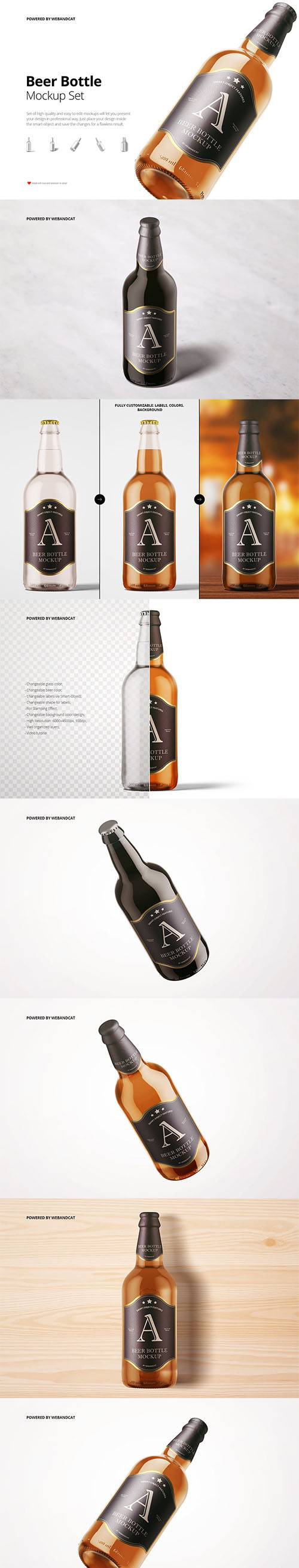 带标签棕色透明啤酒玻璃瓶包装设计样机模板 Beer Bottle Mockup_img_2