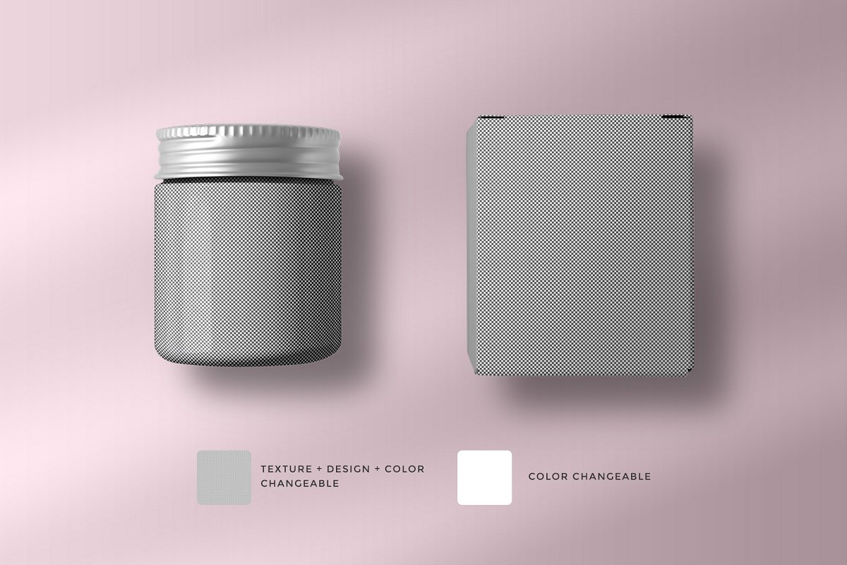 带有标签化妆品瓶&盒子包装设计顶视图效果图样机模板 Cosmetic Bottle And Box Mockup_img_2