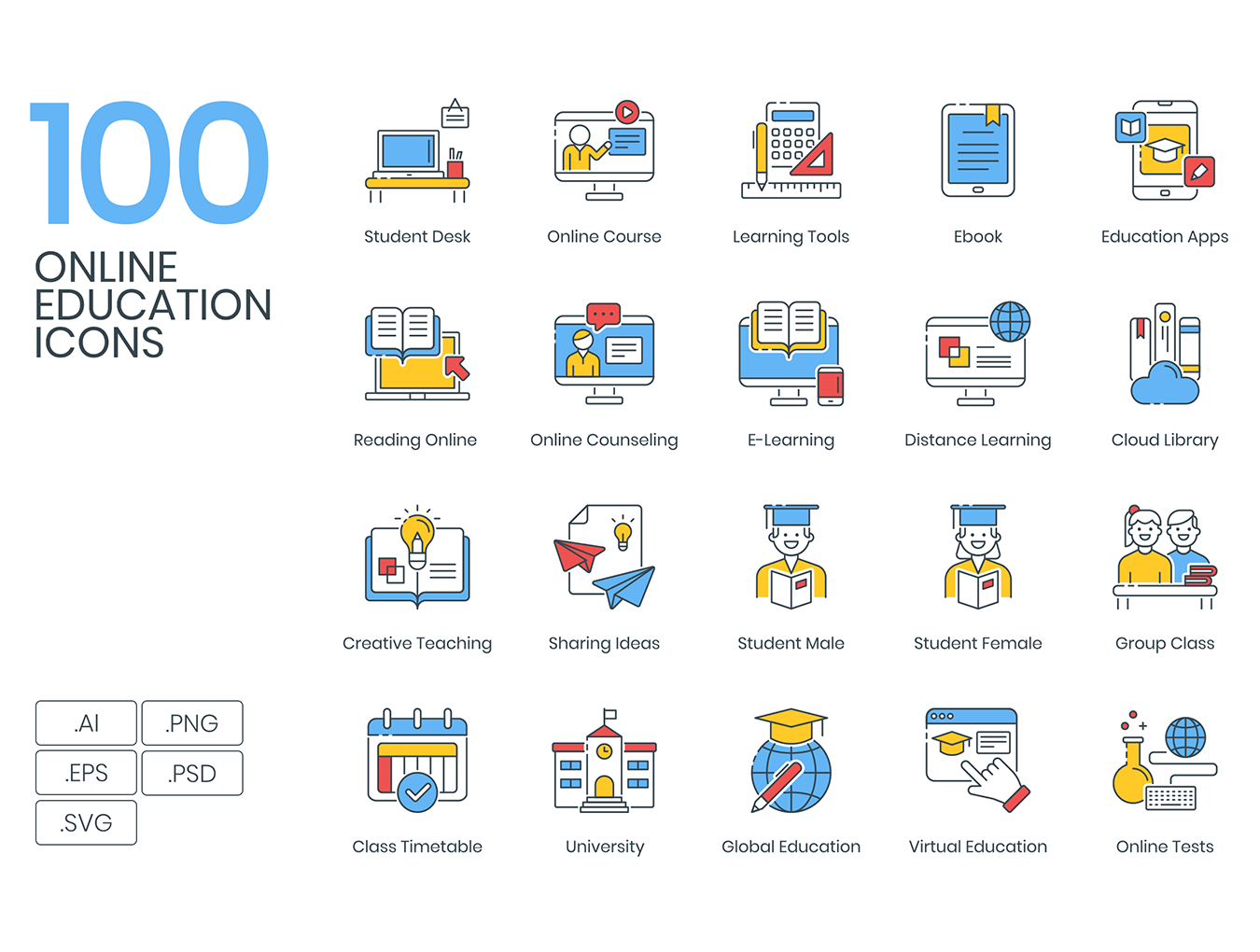 100款在线教育填充颜色矢量图标  100 Online Education Icons_img_2