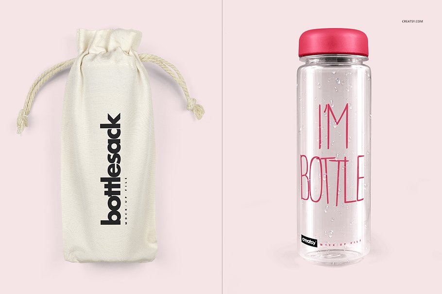 带保护袋透明塑料水瓶设计样机模板 Clear Water Bottle Mockup Set 2_img_1