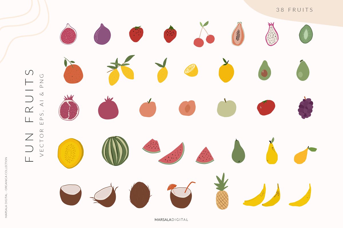 抽象手绘水果花卉树叶矢量插图套装 Abstract Shapes & Fun Fruits_img_1