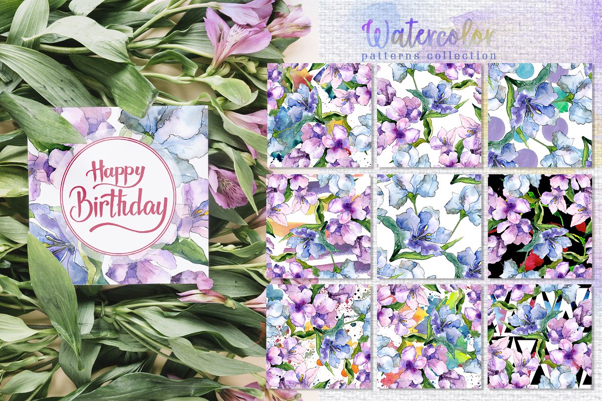 手绘紫罗兰色水彩剪贴画印刷品设计素材包 Alstroemeria Violet Watercolor png_img_1