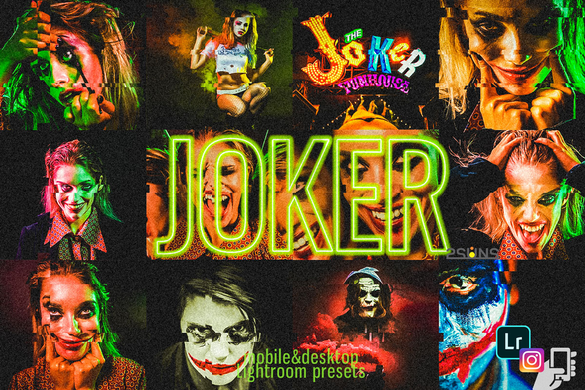 万圣节主题摄影照片人像霓虹灯处理效果LR预设素材 9 Joker presets, Halloween presets, horror scary lightroom_img_1