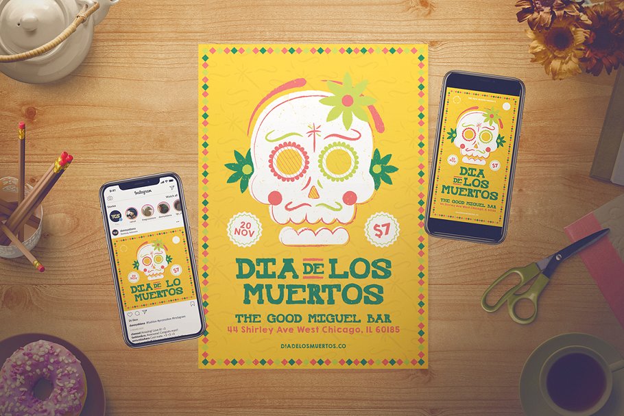 墨西哥亡灵节文化活动海报设计模板 Dia De Los Muertos Flyer Set_img_1