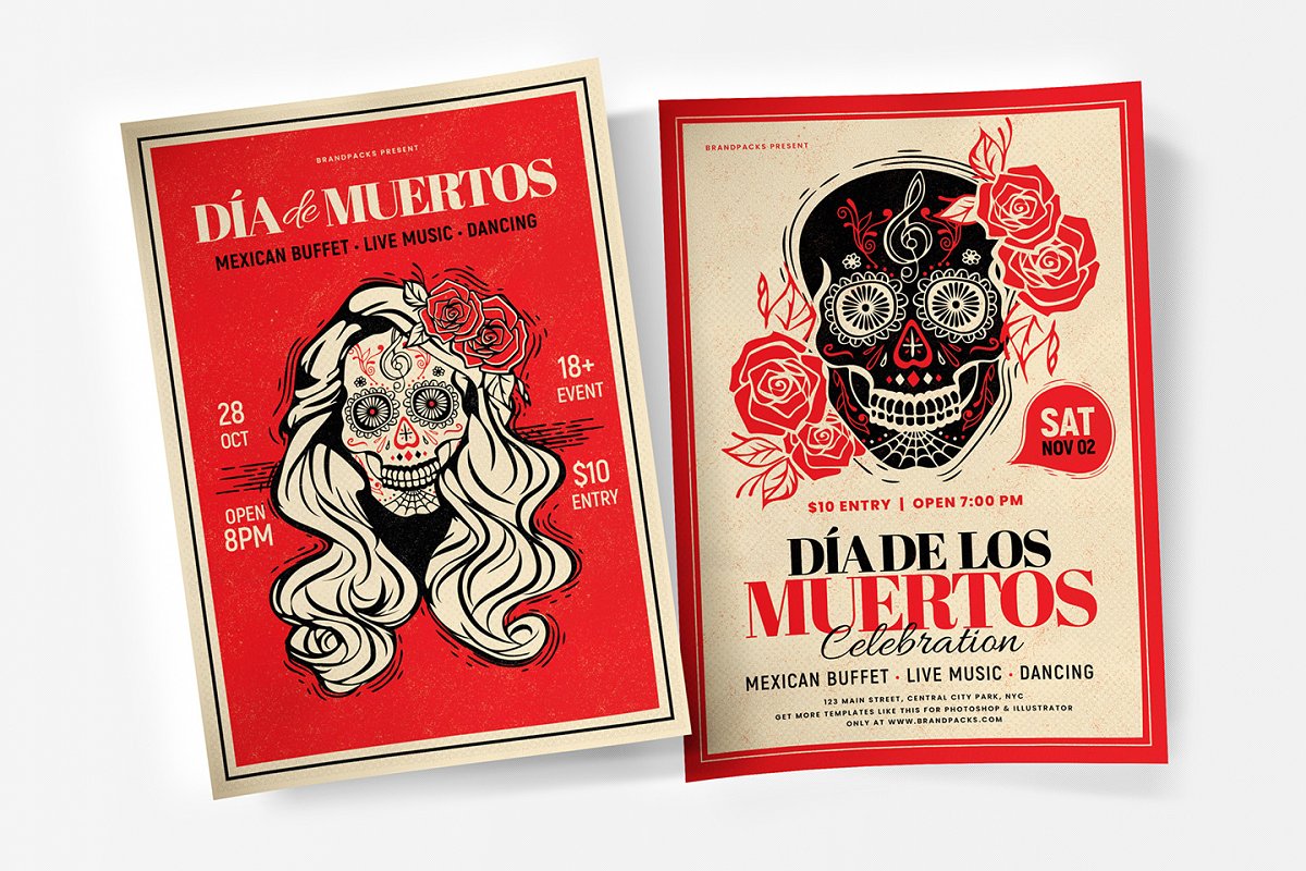 墨西哥亡灵节餐厅/酒吧促销宣传海报模板 Dia de los Muertos Flyer / Poster_img_1