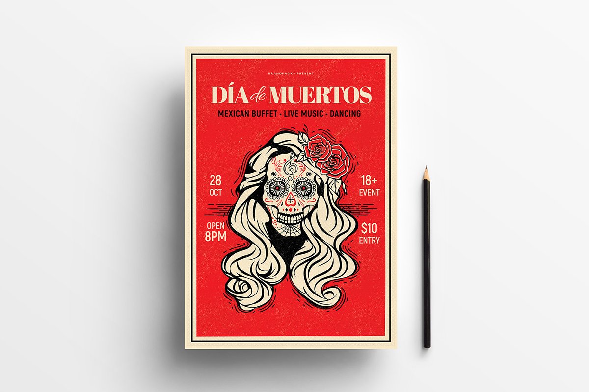 墨西哥亡灵节餐厅/酒吧促销宣传海报模板 Dia de los Muertos Flyer / Poster_img_1