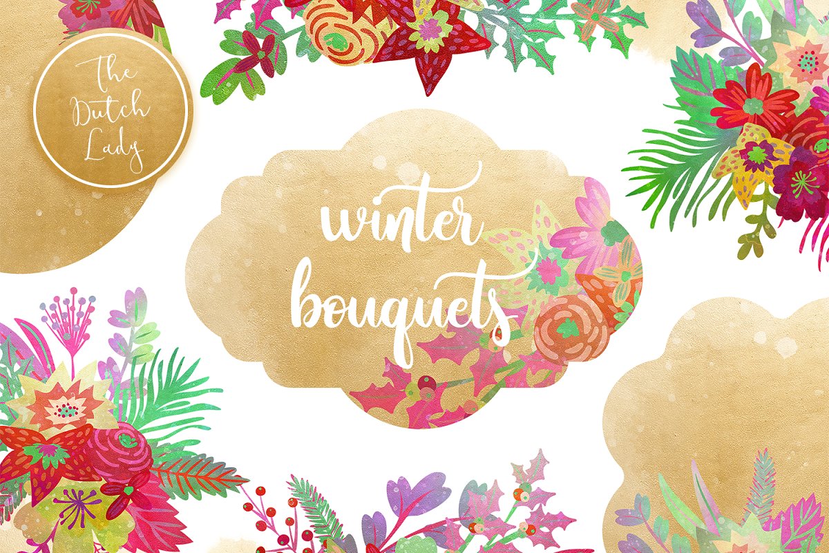 冬季水彩插画花卉标签素材包 Winter Bouquet & Label Clipart Set_img_1