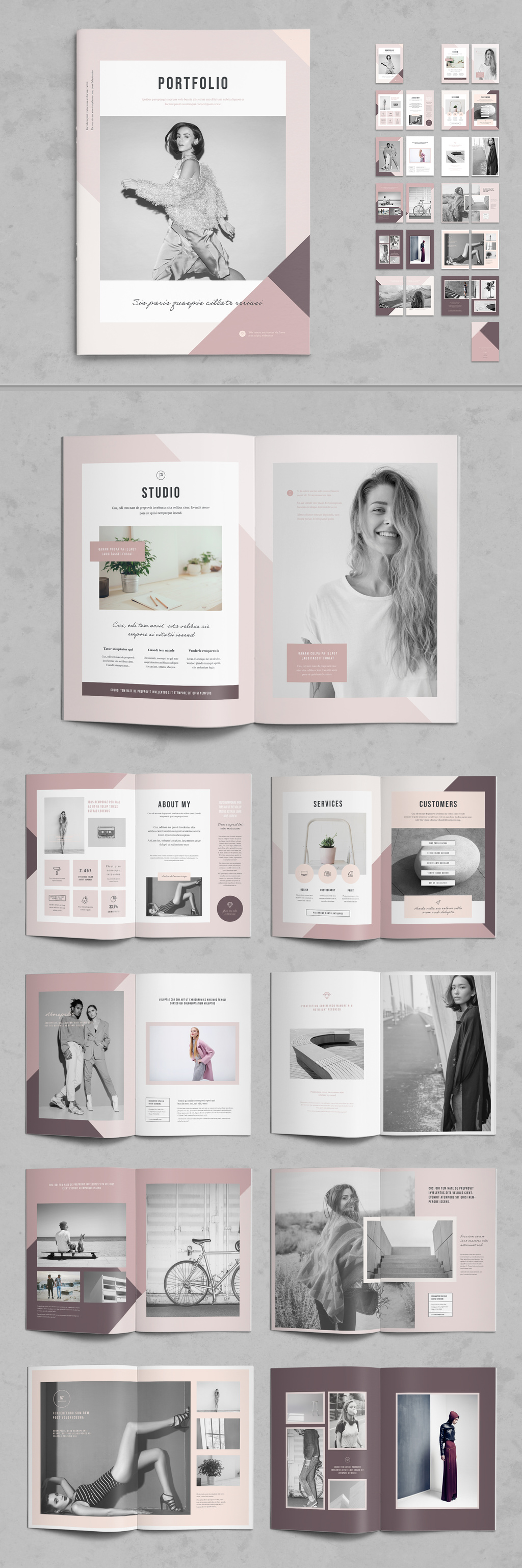 粉色系女性服装营销摄影画册设计Indesign模板素材 Photography Portfolio Layout with Pink Accents_img_1