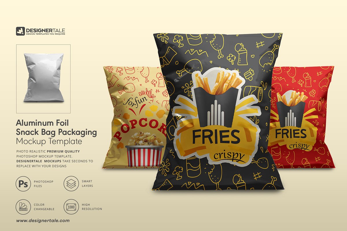 铝箔薯片零食&膨化食品包装袋设计样机展示模型 Foil Snack Bag Packaging Mockup_img_1