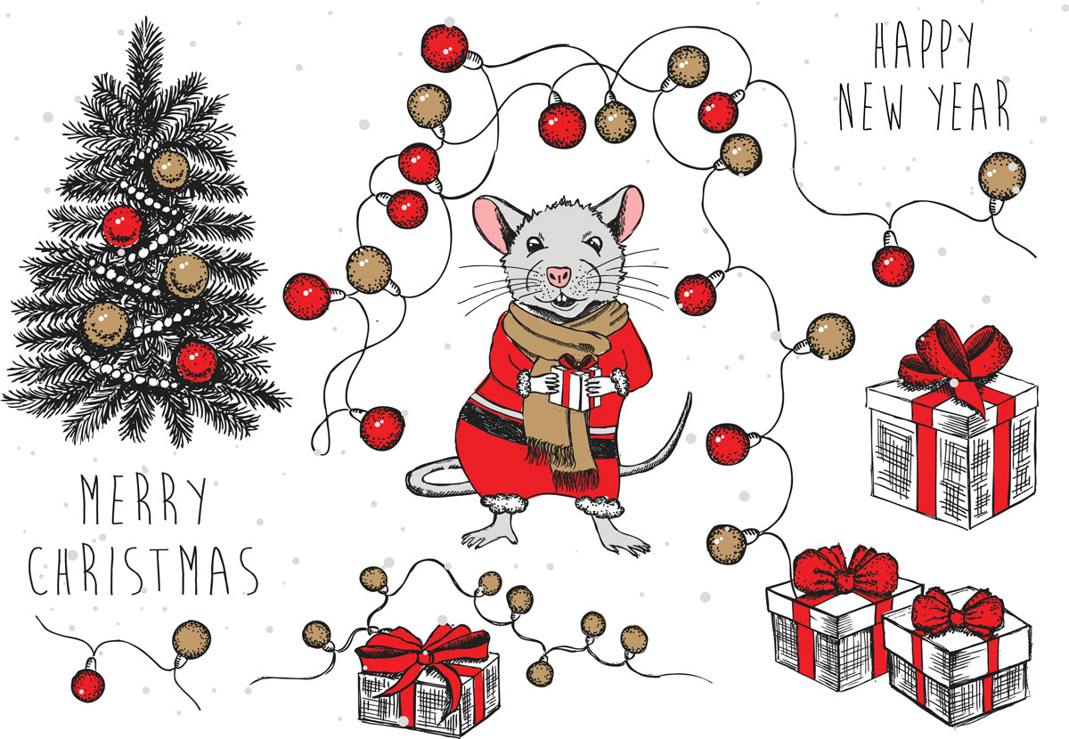 2020年手绘圣诞风小老鼠元素矢量图形鼠年日历模板 Mouse Vector Hand Drawn Illustration, New Year Card_img_1