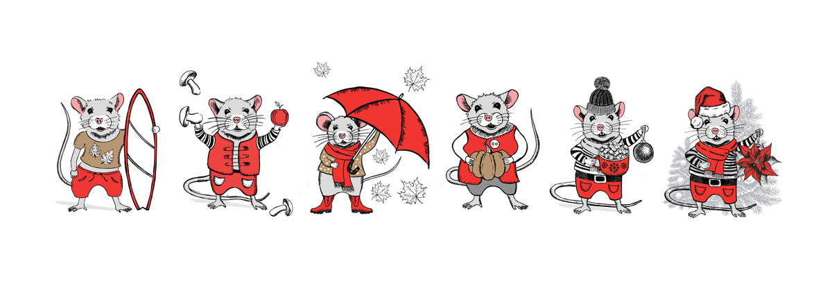 2020年手绘圣诞风小老鼠元素矢量图形鼠年日历模板 Mouse Vector Hand Drawn Illustration, New Year Card_img_1