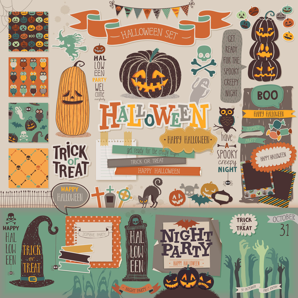 欢快万圣节元素手绘矢量插画海报设计素材合集 Happy Halloween Holiday Illustration Collection_img_1