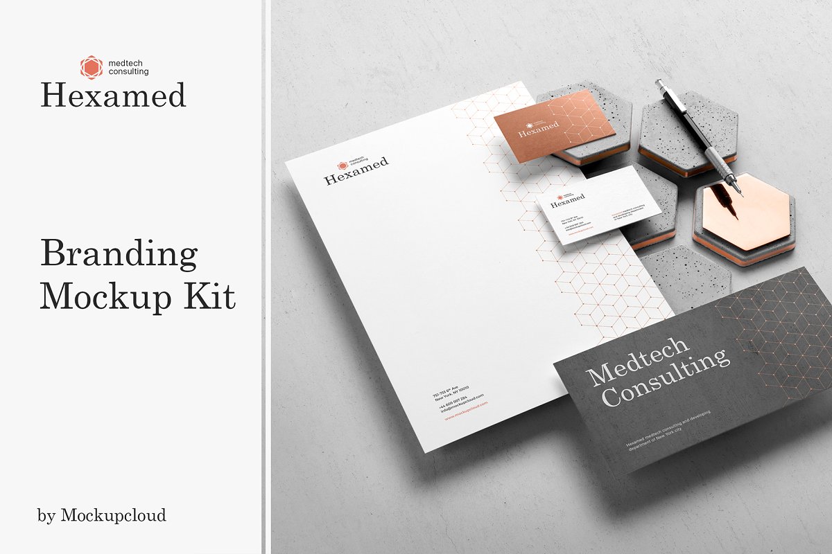 带有混凝土元素品牌VI设计效果预览办公用品套装样机模板 Hexamed Branding Mockup_img_1