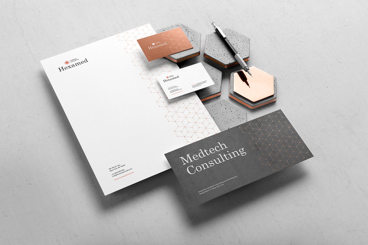 带有混凝土元素品牌VI设计效果预览办公用品套装样机模板 Hexamed Branding Mockup_img_1