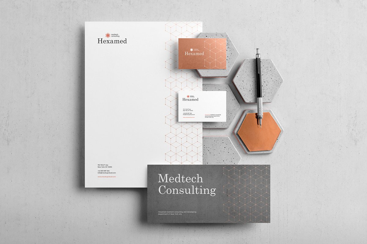 带有混凝土元素品牌VI设计效果预览办公用品套装样机模板 Hexamed Branding Mockup_img_1