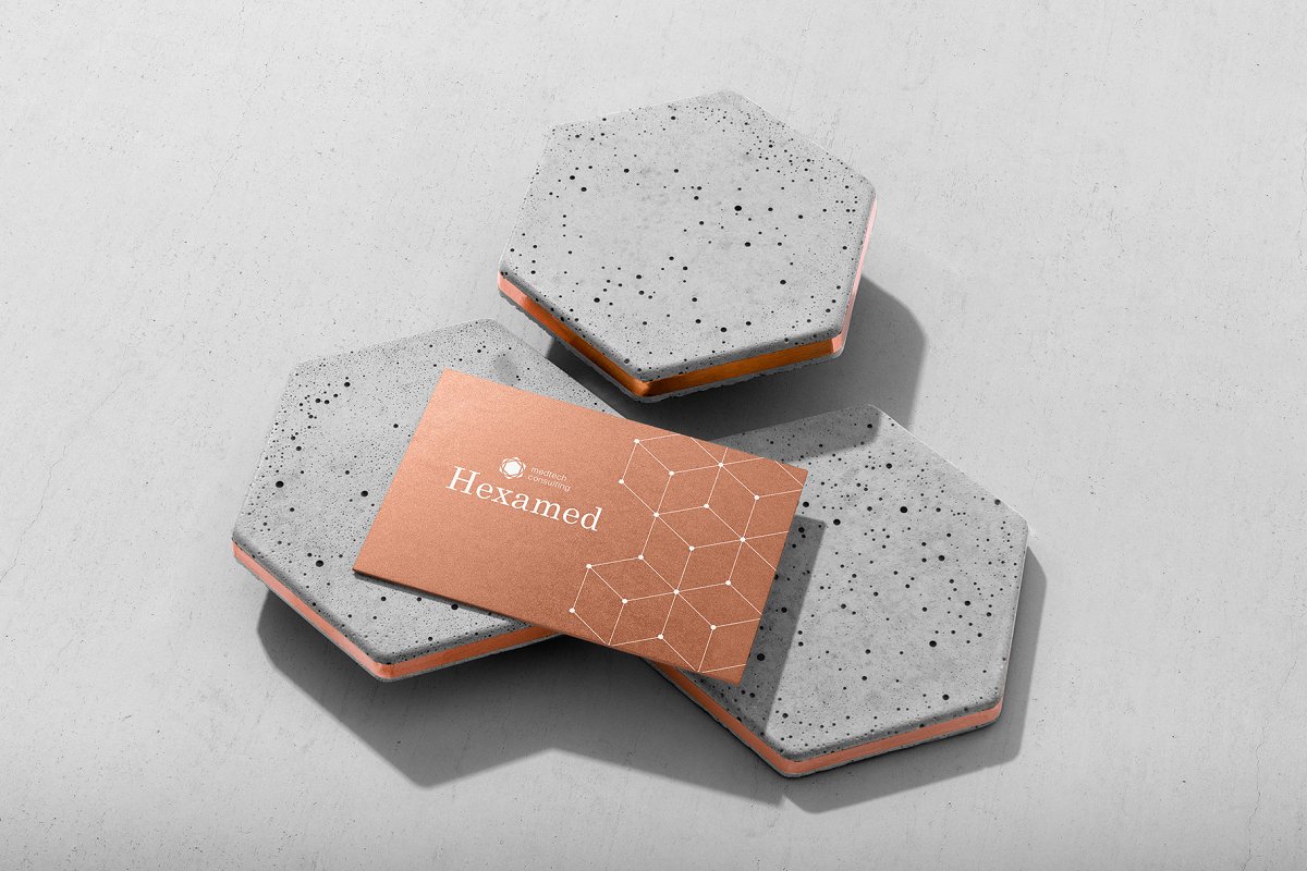 带有混凝土元素品牌VI设计效果预览办公用品套装样机模板 Hexamed Branding Mockup_img_1