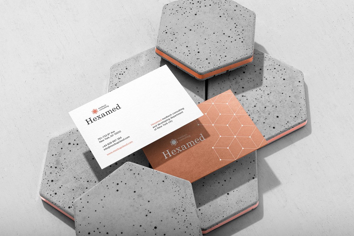 带有混凝土元素品牌VI设计效果预览办公用品套装样机模板 Hexamed Branding Mockup_img_1