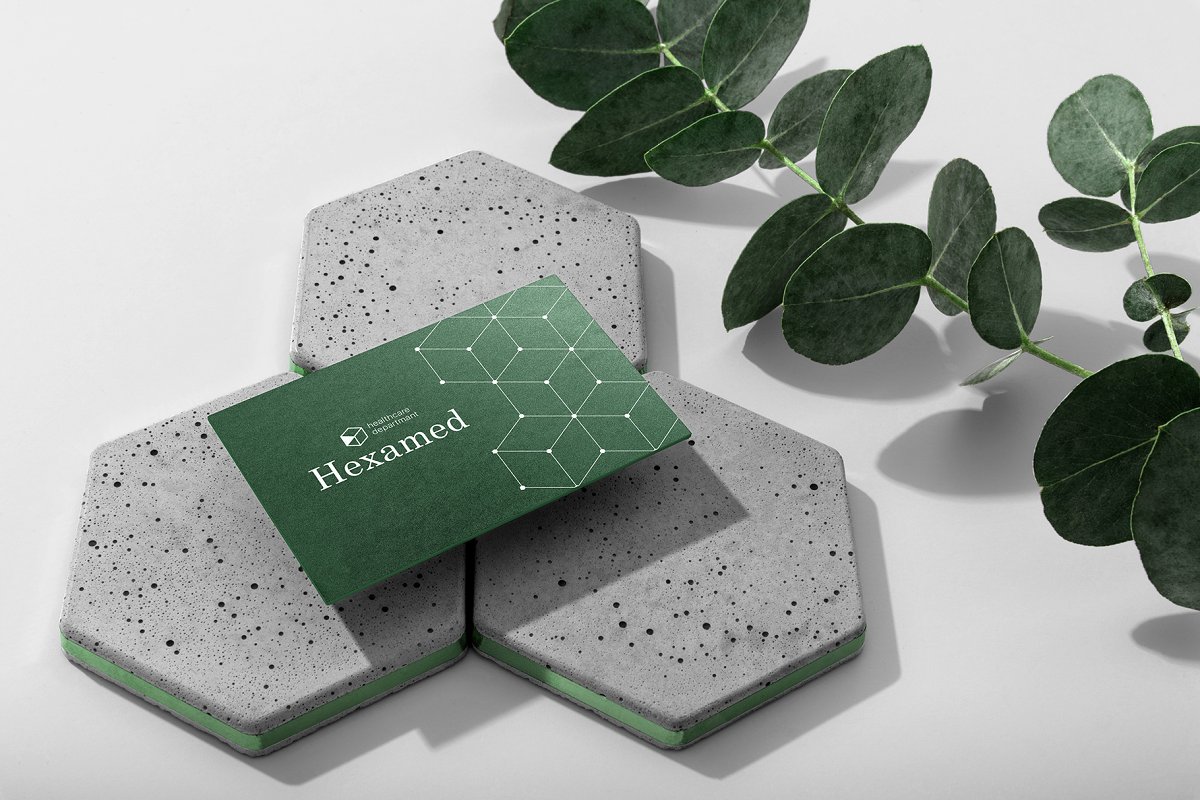 带有混凝土元素品牌VI设计效果预览办公用品套装样机模板 Hexamed Branding Mockup_img_1