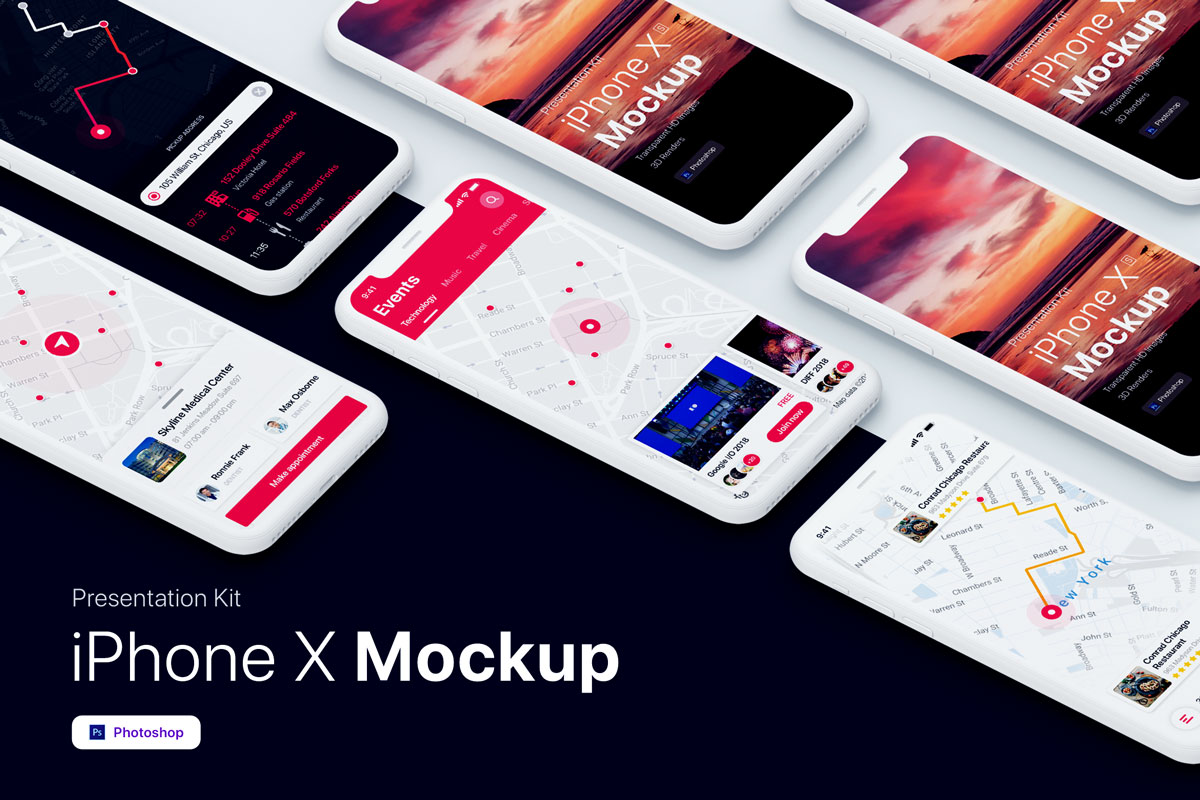 iPhone X智能手机UI设计多屏幕展示样机 Presentation Kit - iPhone showcase Mockup PSD_img_1