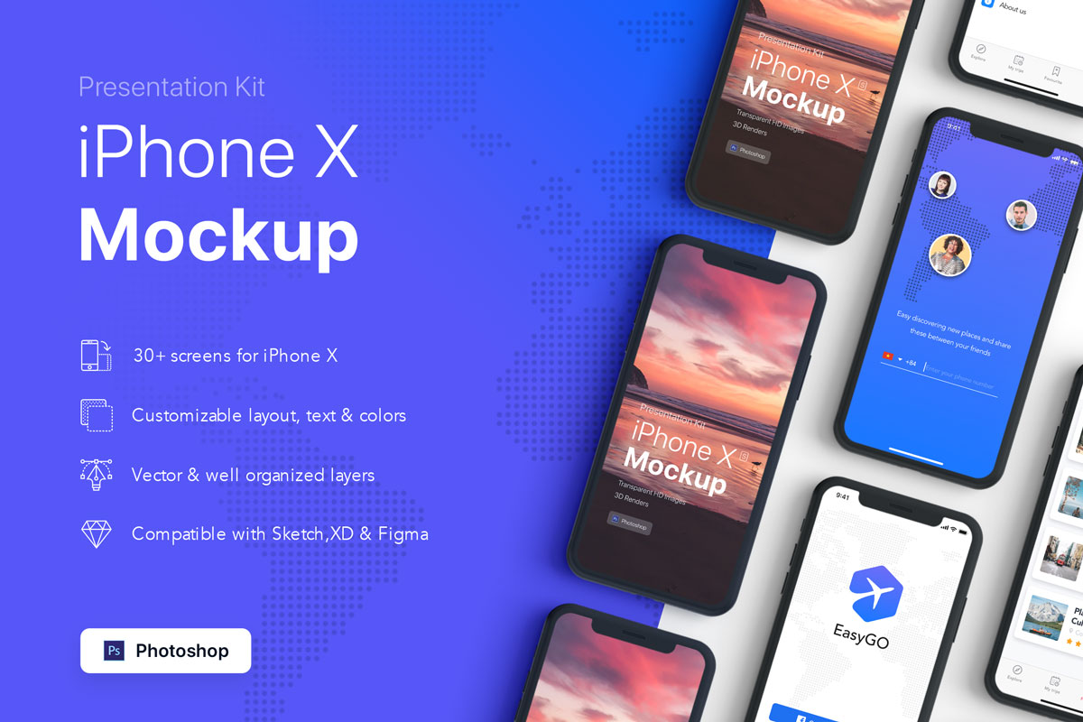 iPhone X智能手机UI设计多屏幕展示样机3 Presentation Kit - iPhone showcase Mockup 3 PSD_img_1