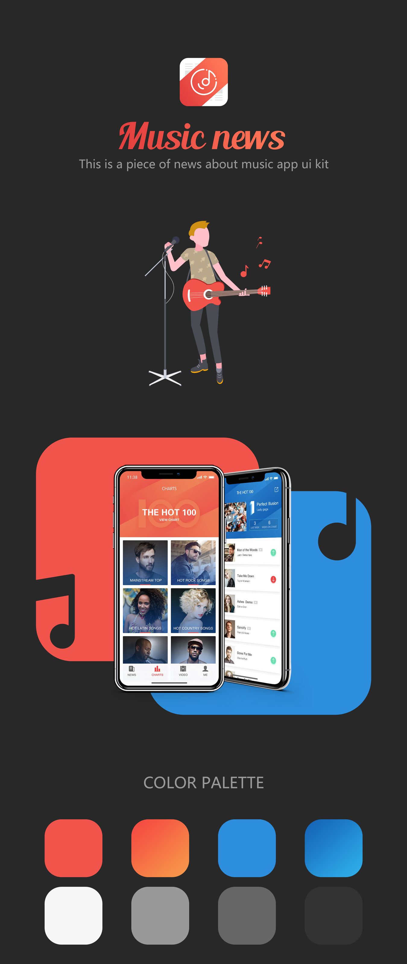 扁平化音乐新闻热点应用程序软件APP UI设计套件 Music News UI Kit 1 35 PREVIEW_img_1