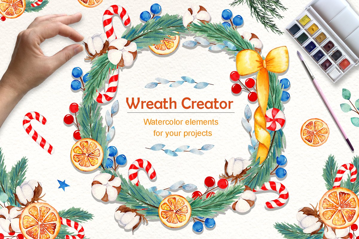 圣诞节主题手绘插画花圈设计素材套装 Wreath Creator Watercolor Clipart_img_1