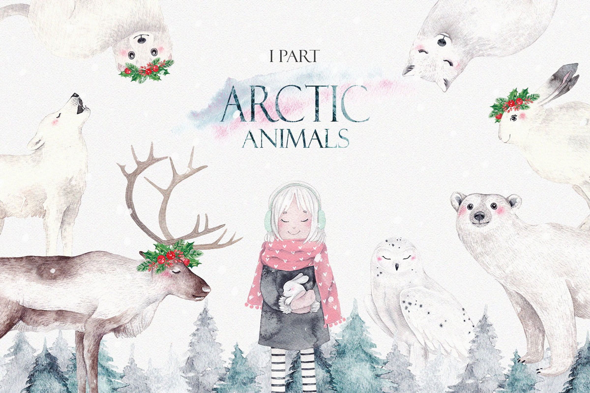 圣诞节主题北极熊女孩&驯鹿手绘水彩剪贴画合集 ARCTIC ANIMALS Watercolor Set PART 1_img_1