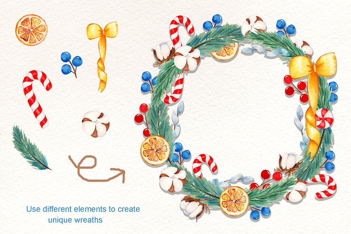 圣诞节主题手绘插画花圈设计素材套装 Wreath Creator Watercolor Clipart_img_1