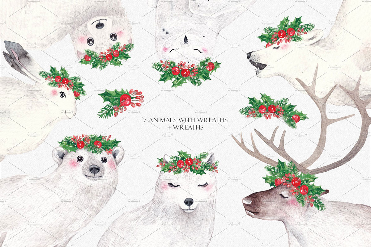 圣诞节主题北极熊女孩&驯鹿手绘水彩剪贴画合集 ARCTIC ANIMALS Watercolor Set PART 1_img_1