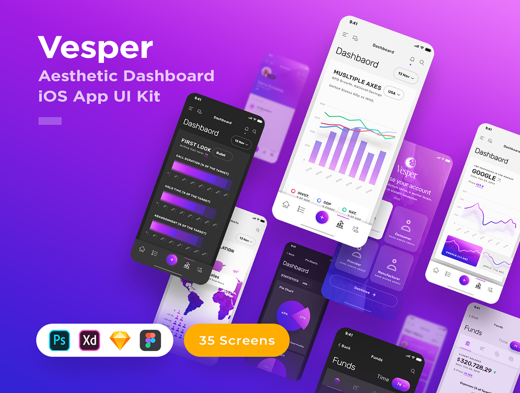 现代精美功能丰富的仪表板和管理iOS APP UI套件 Vesper - Dashboard iOS UI Kit_img_1