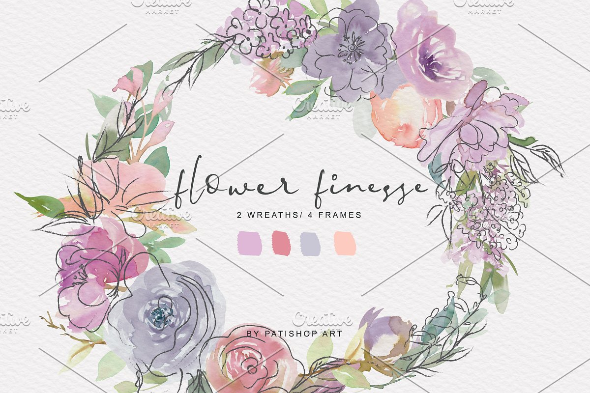 无缝模式手绘紫色色调水彩花卉剪贴画 Watercolor Flower Doodles Clipart_img_2