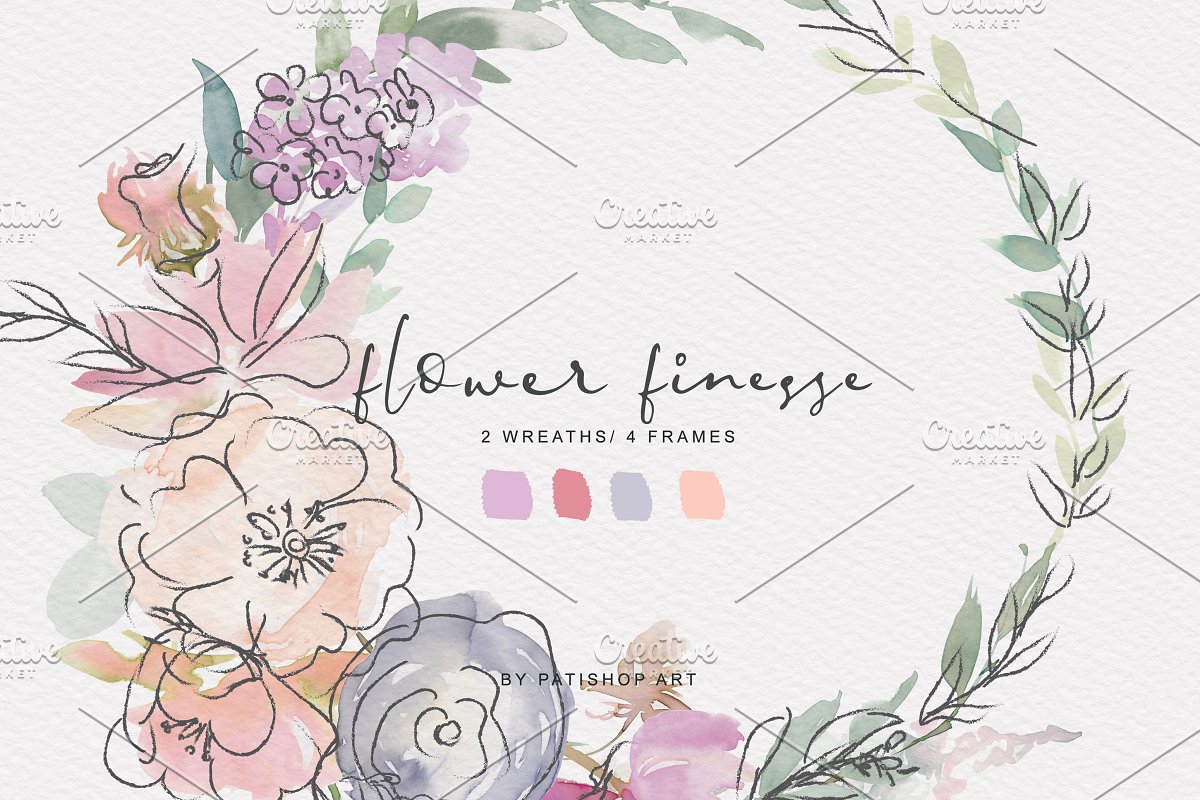 无缝模式手绘紫色色调水彩花卉剪贴画 Watercolor Flower Doodles Clipart_img_2