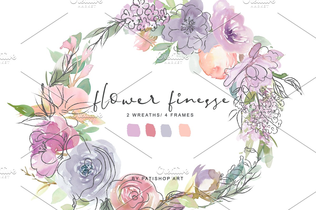 无缝模式手绘紫色色调水彩花卉剪贴画 Watercolor Flower Doodles Clipart_img_2