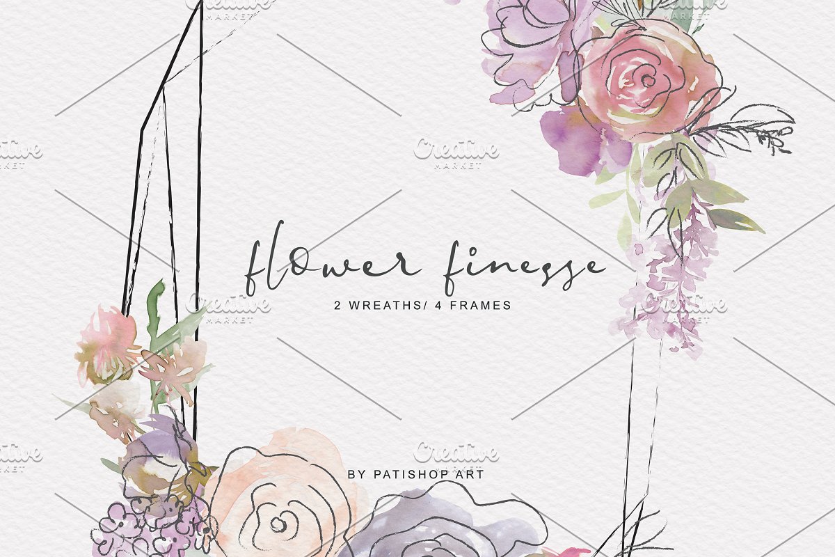 无缝模式手绘紫色色调水彩花卉剪贴画 Watercolor Flower Doodles Clipart_img_2