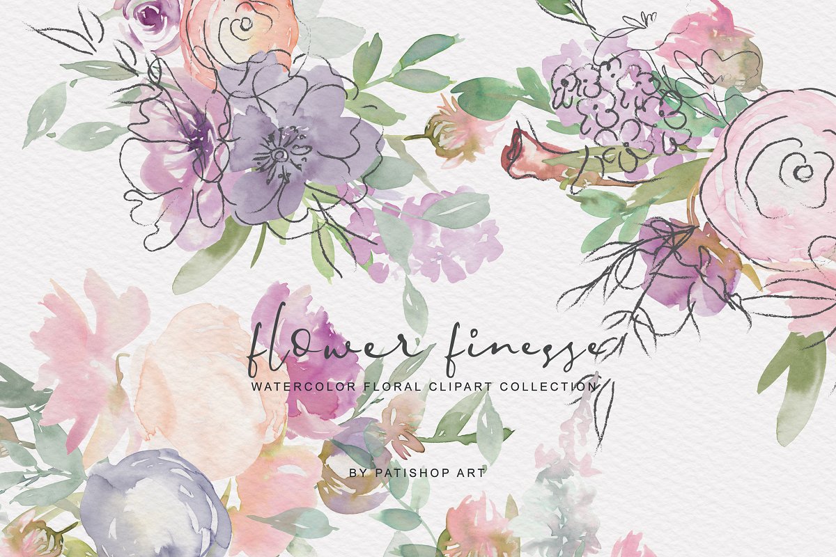 无缝模式手绘紫色色调水彩花卉剪贴画 Watercolor Flower Doodles Clipart_img_2