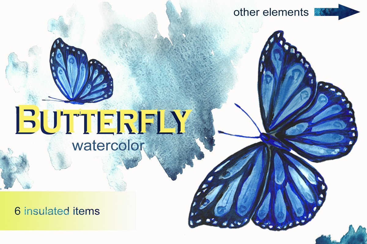 蓝色手绘水彩蝴蝶背景纹理 Blue Watercolor Butterflies_img_2