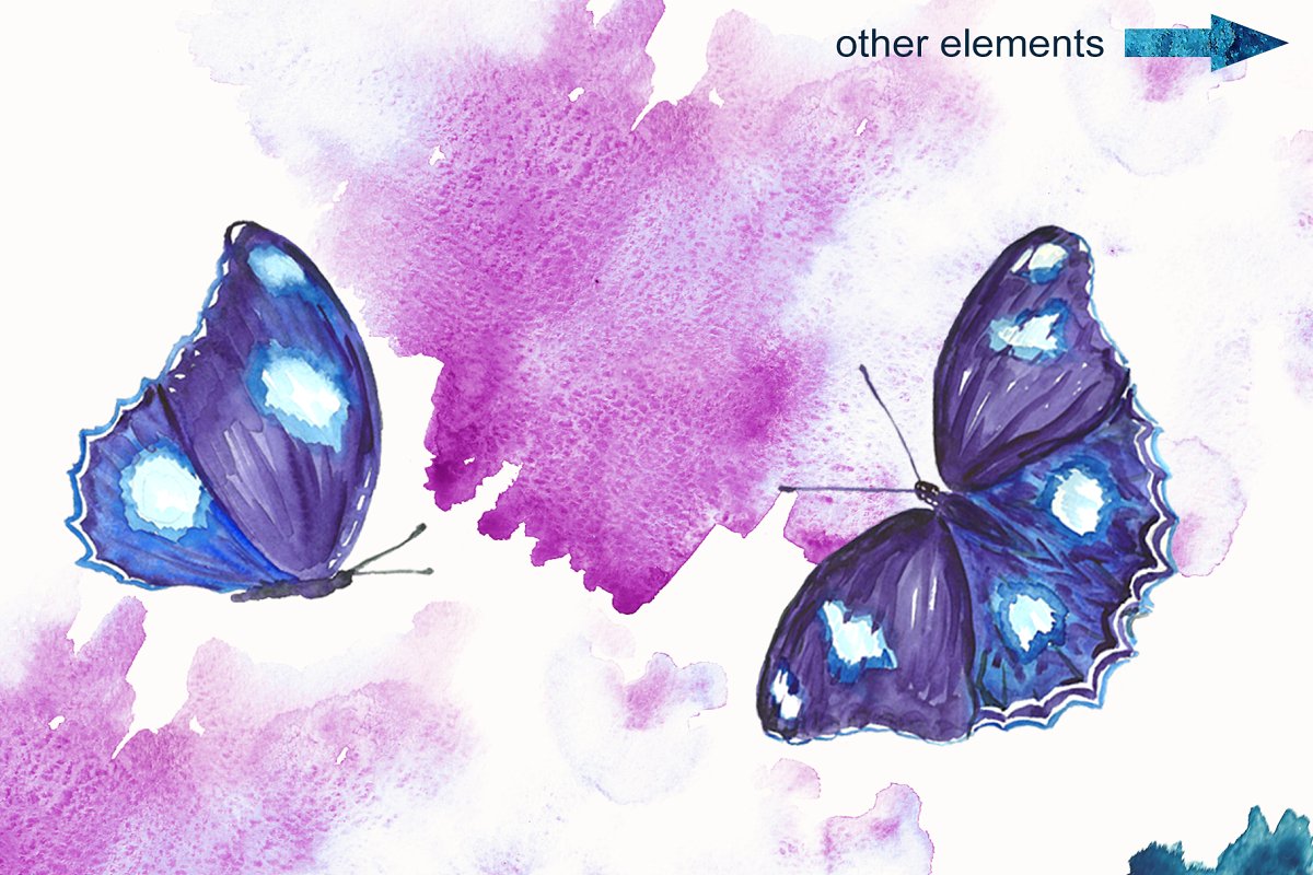 蓝色手绘水彩蝴蝶背景纹理 Blue Watercolor Butterflies_img_2