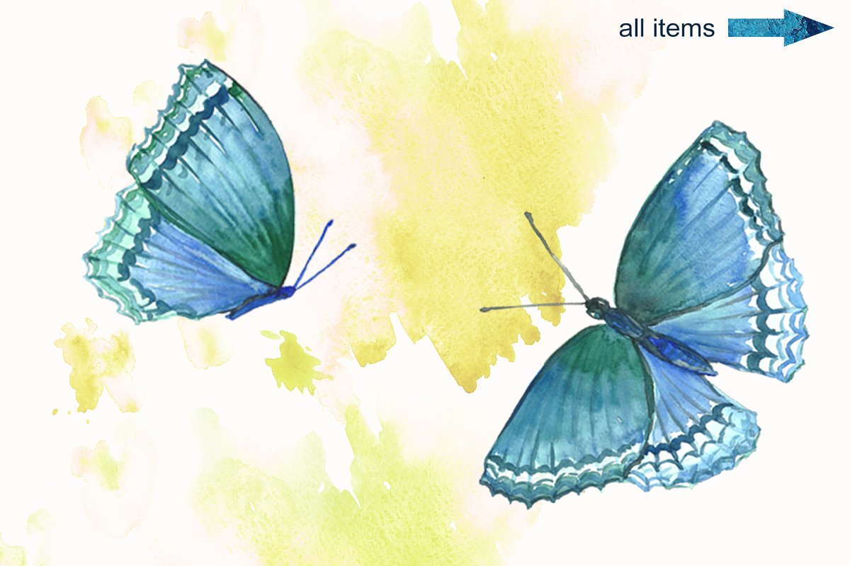 蓝色手绘水彩蝴蝶背景纹理 Blue Watercolor Butterflies_img_2