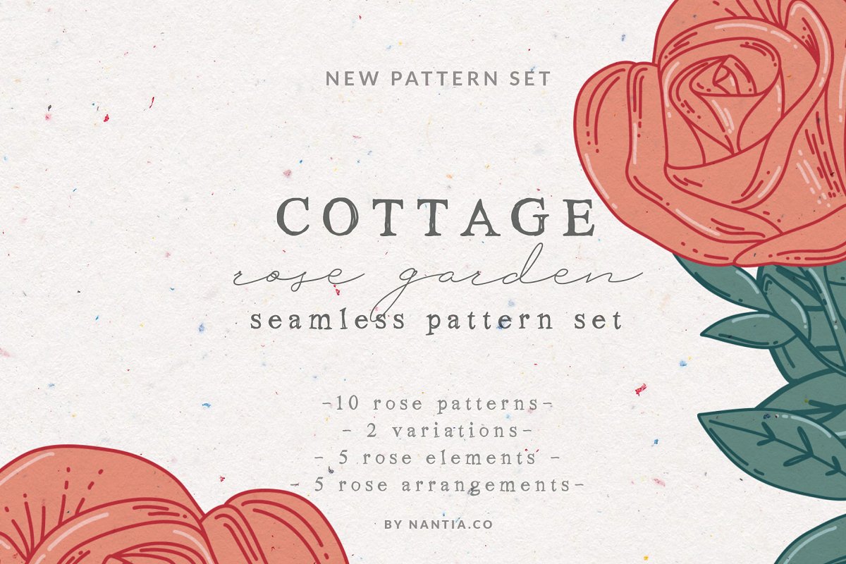 20种无缝玫瑰花园图案纹理集 Cottage Rose Garden Pattern Set_img_2